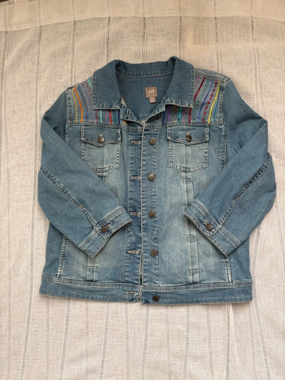 J. Jill Light Blue Denim Jacket with Multicolor Embroidered Yoke - Picture 7 of 13